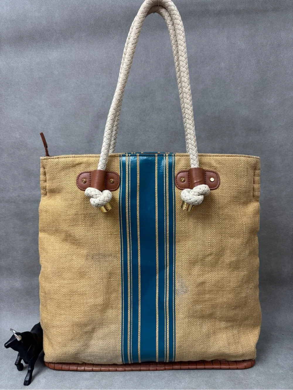 Tory Burch Tan Canvas Tote with Blue Stripe and White Rope Handles